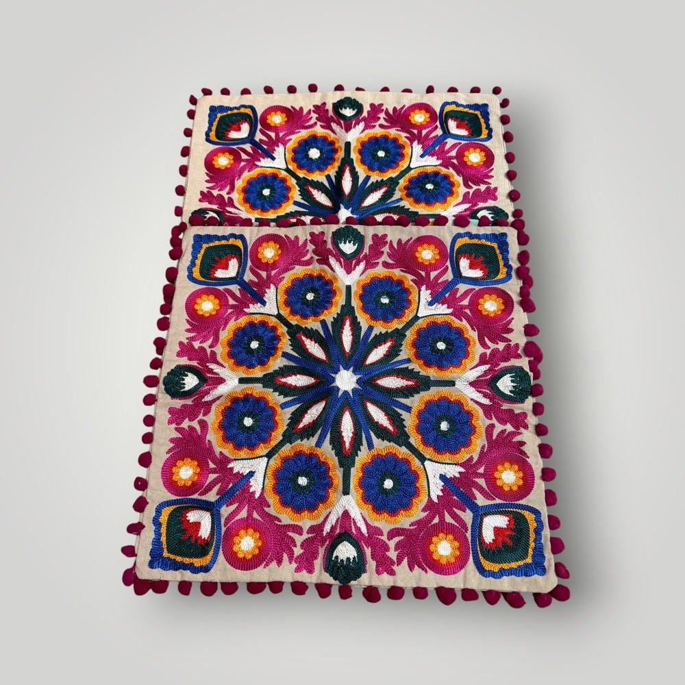 Chumbak Cushion Covers (2) 16x16 Forest Focus Pom Pom Trim Suzani Boho Indian
